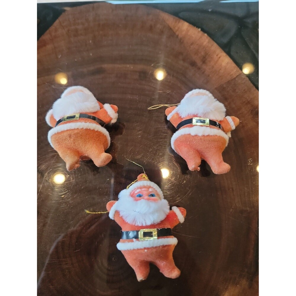 Mini Flocked Santa Ornaments Vintage Lot Of 3